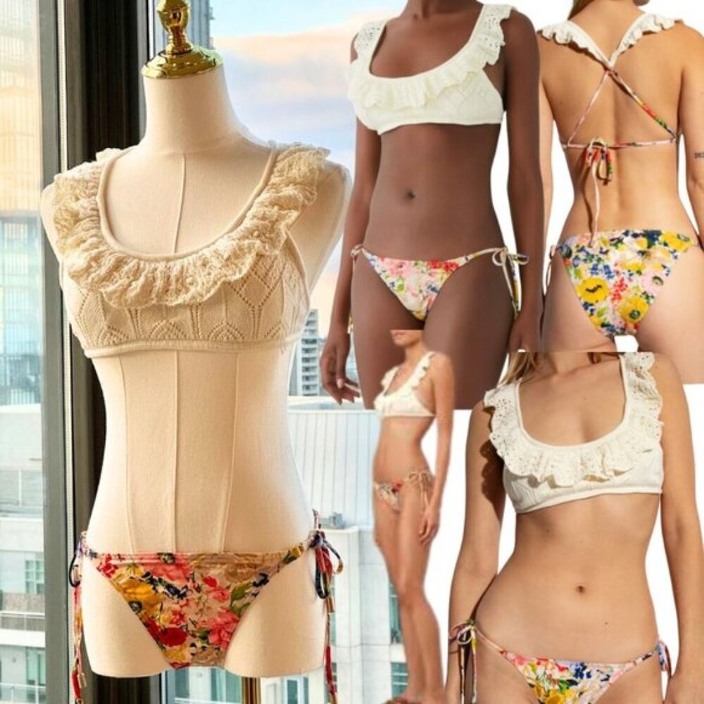 🆕 ZIMMERMANN 🧿 NWT Alight Frill Knit Scoop Bikini, Ivory Floral - Sz 3 US 8/10
